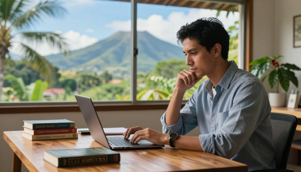 A professional content writing expert in Costa Rica, seated at a stylish wooden desk with a modern laptop open, typing away thoughtfully. The expert is a focused individual, dressed in smart casual attire, showcasing a confident demeanor. In the foreground, a neatly organized workspace displays books on writing and Costa Rican culture. The middle layer features a colorful Costa Rican landscape visible through a large window, with lush greenery and a clear blue sky. Soft, natural light filters in, casting a warm glow over the scene. The background includes subtle hints of the local environment, like palm trees and a coffee plant, enhancing the tropical vibe. The overall mood is relaxed yet productive, emphasizing expertise and professionalism in content writing. A professional content writing expert in Costa Rica, seated at a stylish wooden desk with a modern laptop open, typing away thoughtfully. The expert is a focused individual, dressed in smart casual attire, showcasing a confident demeanor. In the foreground, a neatly organized workspace displays books on writing and Costa Rican culture. The middle layer features a colorful Costa Rican landscape visible through a large window, with lush greenery and a clear blue sky. Soft, natural light filters in, casting a warm glow over the scene. The background includes subtle hints of the local environment, like palm trees and a coffee plant, enhancing the tropical vibe. The overall mood is relaxed yet productive, emphasizing expertise and professionalism in content writing.