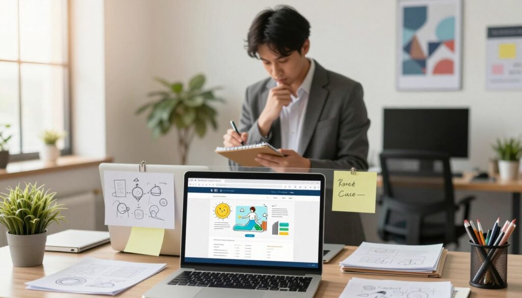 A professional workspace illustrating the process of content creation, divided into three distinct layers. In the foreground, a laptop displays a vibrant digital wireframe of a website, with notes and sketches surrounding it. In the middle layer, a focused individual in business attire, contemplating ideas while jotting down thoughts on a notepad, showcasing determination and creativity. The background features a bright, airy office environment with plants and motivational posters, symbolizing inspiration and productivity. Soft, natural light filters through a window, casting a warm glow, creating an inviting atmosphere. The overall mood is one of innovation, collaboration, and professional growth, capturing the essence of the journey from conceptual ideas to effective online conversions. A professional workspace illustrating the process of content creation, divided into three distinct layers. In the foreground, a laptop displays a vibrant digital wireframe of a website, with notes and sketches surrounding it. In the middle layer, a focused individual in business attire, contemplating ideas while jotting down thoughts on a notepad, showcasing determination and creativity. The background features a bright, airy office environment with plants and motivational posters, symbolizing inspiration and productivity. Soft, natural light filters through a window, casting a warm glow, creating an inviting atmosphere. The overall mood is one of innovation, collaboration, and professional growth, capturing the essence of the journey from conceptual ideas to effective online conversions.